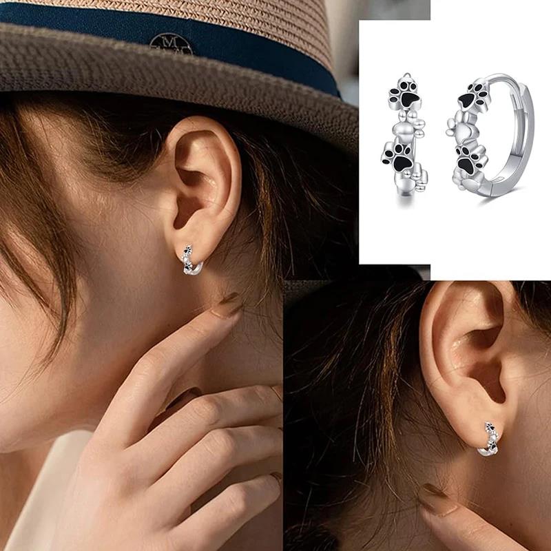 Huitan Dainty Pet's Paw Hoop Earrings for Women Black Footprints Design Small Circle Earrings Exquisite Female Jewelry