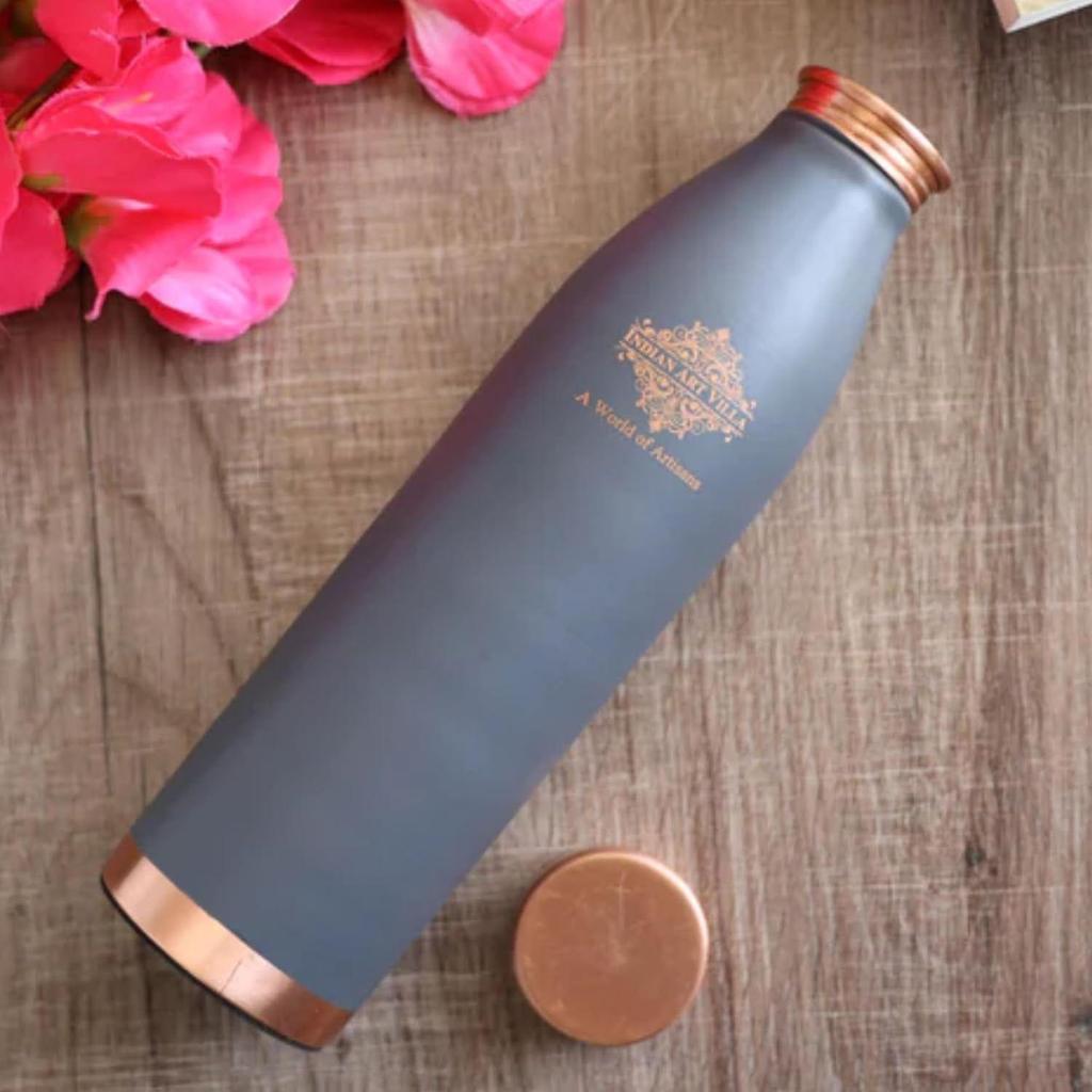 Pure Copper Lacquer Coated Gray Silk Finish Water Bottle, Drinkware & Storage Purpose, Ayurvedic Health Benefits, Volume-900 ml, Pack of 1