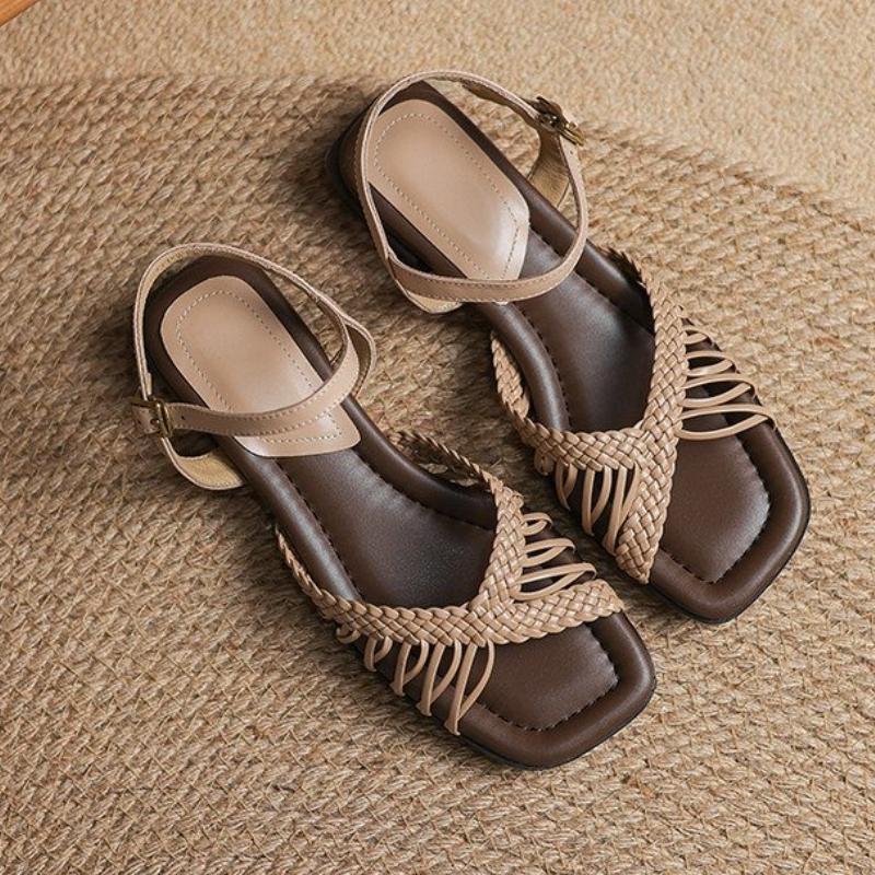 Fashion Weave Women Square Toe Heeled Sandals Designer Summer New Shoes 2025 Casual Woman Slippers Cozy Slides Pumps Mujer De Sandalias