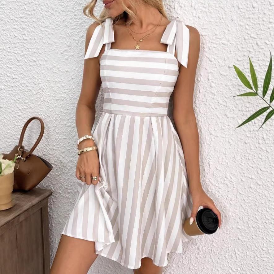 Women s Square Neck Sleeveless Self Tie Strap Vertical Striped Print High Waist Sweet Flared Mini A Line Dress S