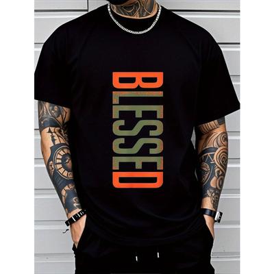 European Sizes Men's Plus Size Printed T-Shirt- Bold Geometric Letters, Breathable Comfortable Fit, Machine Washable Casual Short