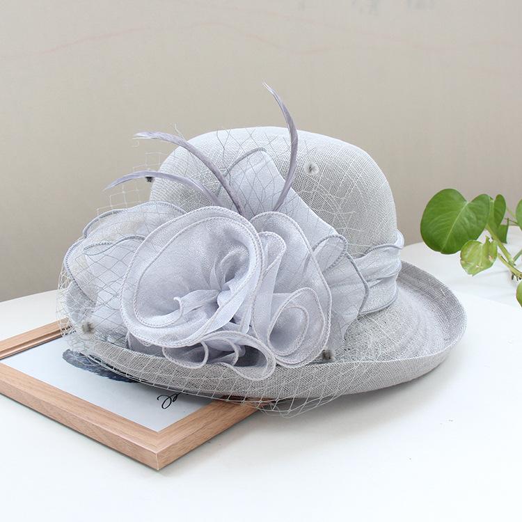 Temperament Linen Flower Elegant Banquet Top Hat Spring And Autumn Solid Color Curled Sun Hat Women'S Outdoor Sunscreen Basin Hat
