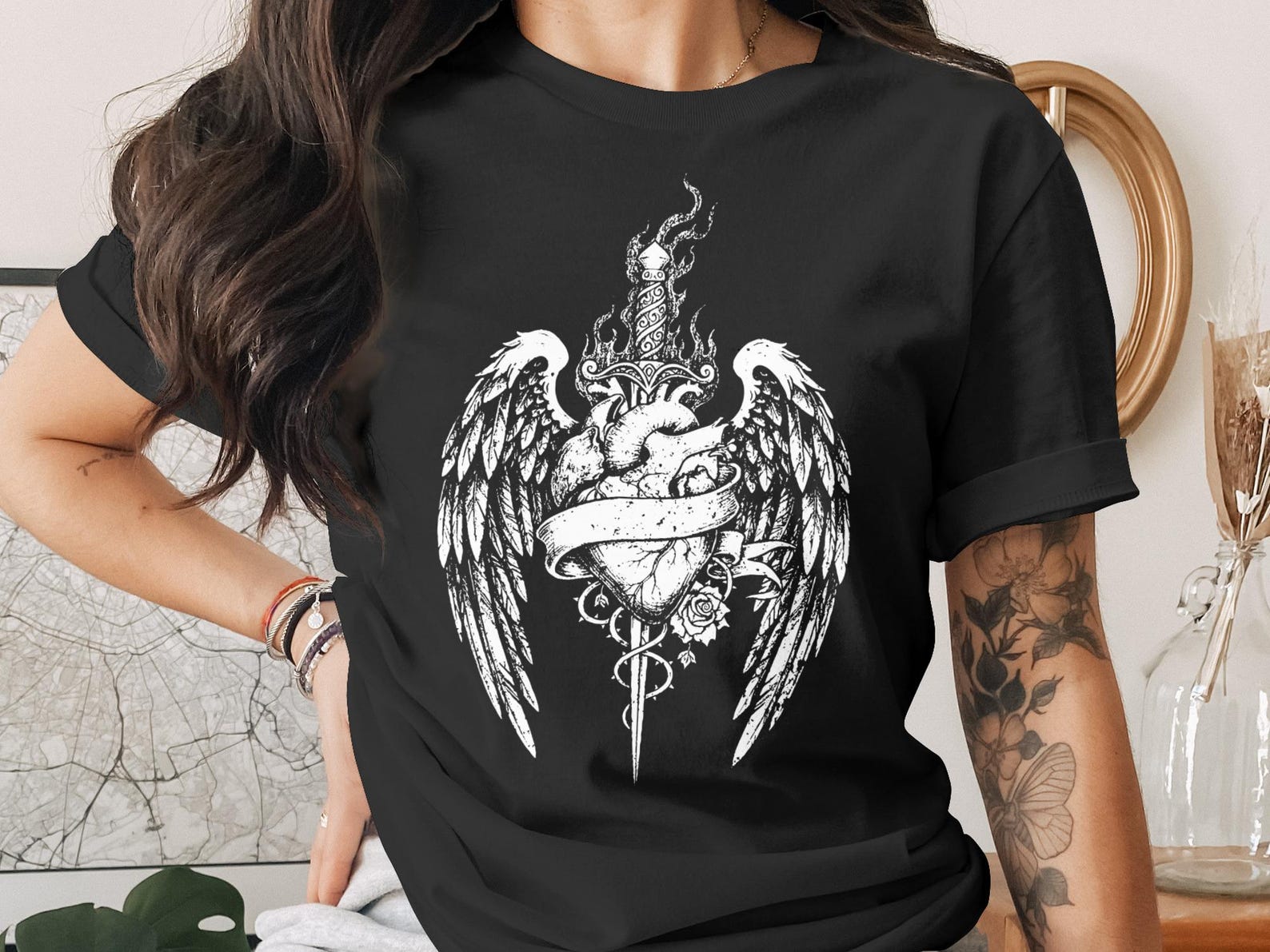 Gothic Heart Wings Dagger Rose T-Shirt | Dark Academia Aesthetic Tee | Edgy Romantic Fantasy Graphic Top | Punk Emo Shirt L