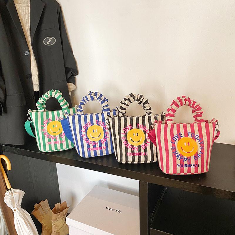 Face Cute Smiley Unisex Kids Shoulder Bag Fashionable Striped Children Pleated