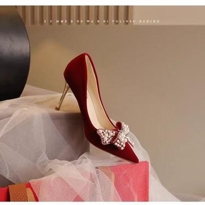 Scarpe da sposa da donna 2024 nuove scarpe da sposa bordeaux Xiuhe abito da sposa due usi non stancano i piedi tacchi alti scarpe da sposa