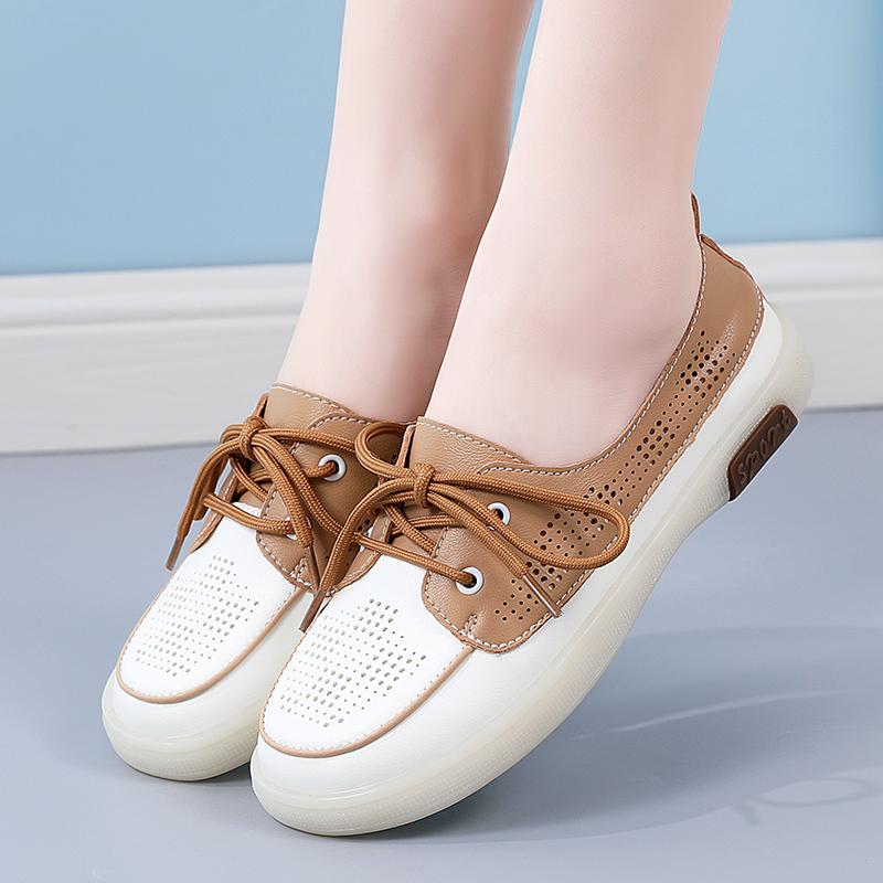 Fashion Circle Boat Shoes Women Genuine Leather Loafers Moccasins Lace-up Flat Shallow Solid Flat with Slip On Sandals Round Toe Ankle F