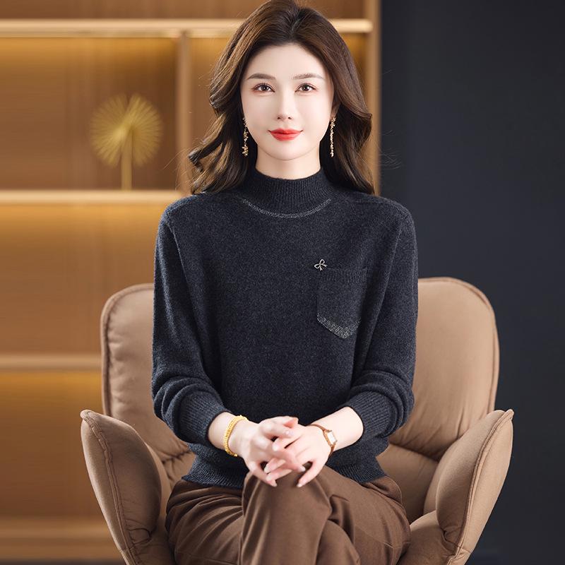 100% reine Schurwolle Damen Pullover mit halbem Stehkragen - Warme Strick-Basisschicht für mittlere und ältere Menschen