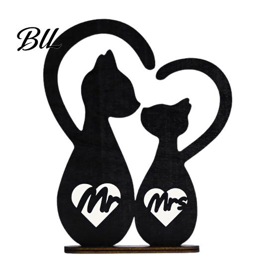 Wedding Anniversary Cat Gift Rustic Mr. & Mrs. Sign Wooden Couple Romantic Black Matte Sculpture Cats Snuggling Silhouette Heart Decoration чёрный