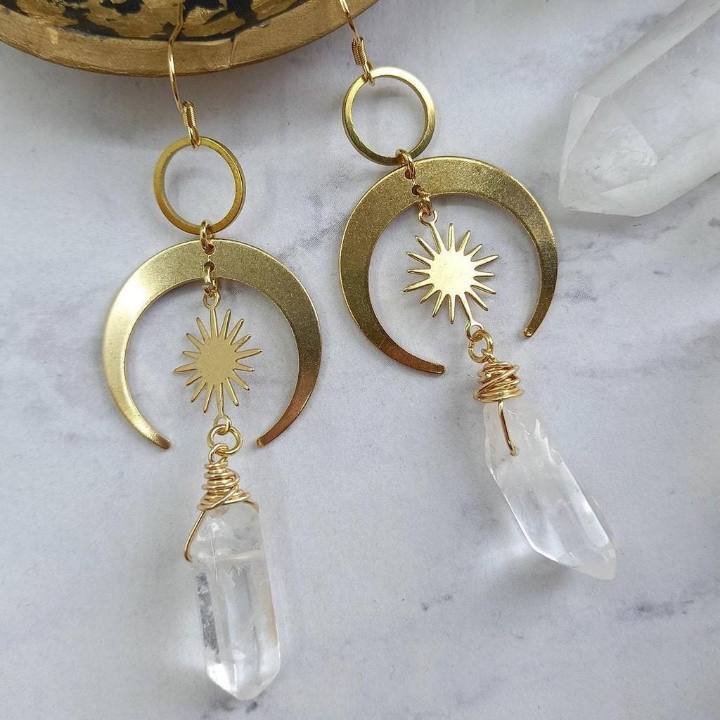 Quartz Moon And Sun Earrings Alloy Electroplated Fashion Jewelry For Casual Daily Use