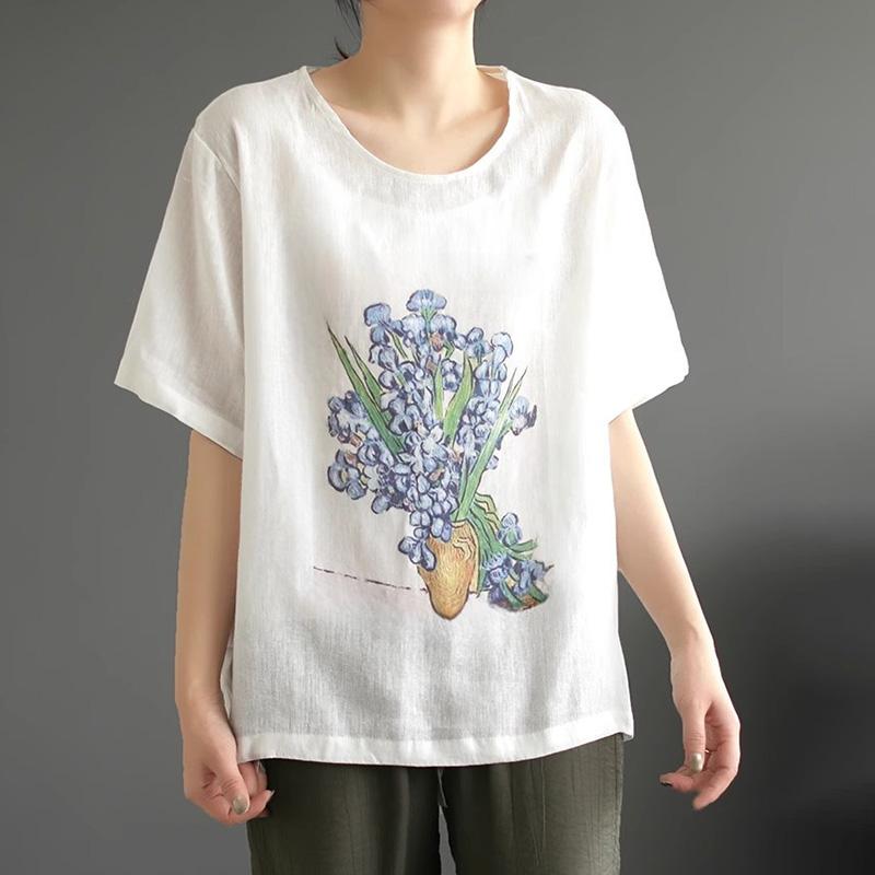 Tops Women Cotton Summer Large Size T-shirt Crew Neck Loose Printed Casual Pullover T-shirt Top