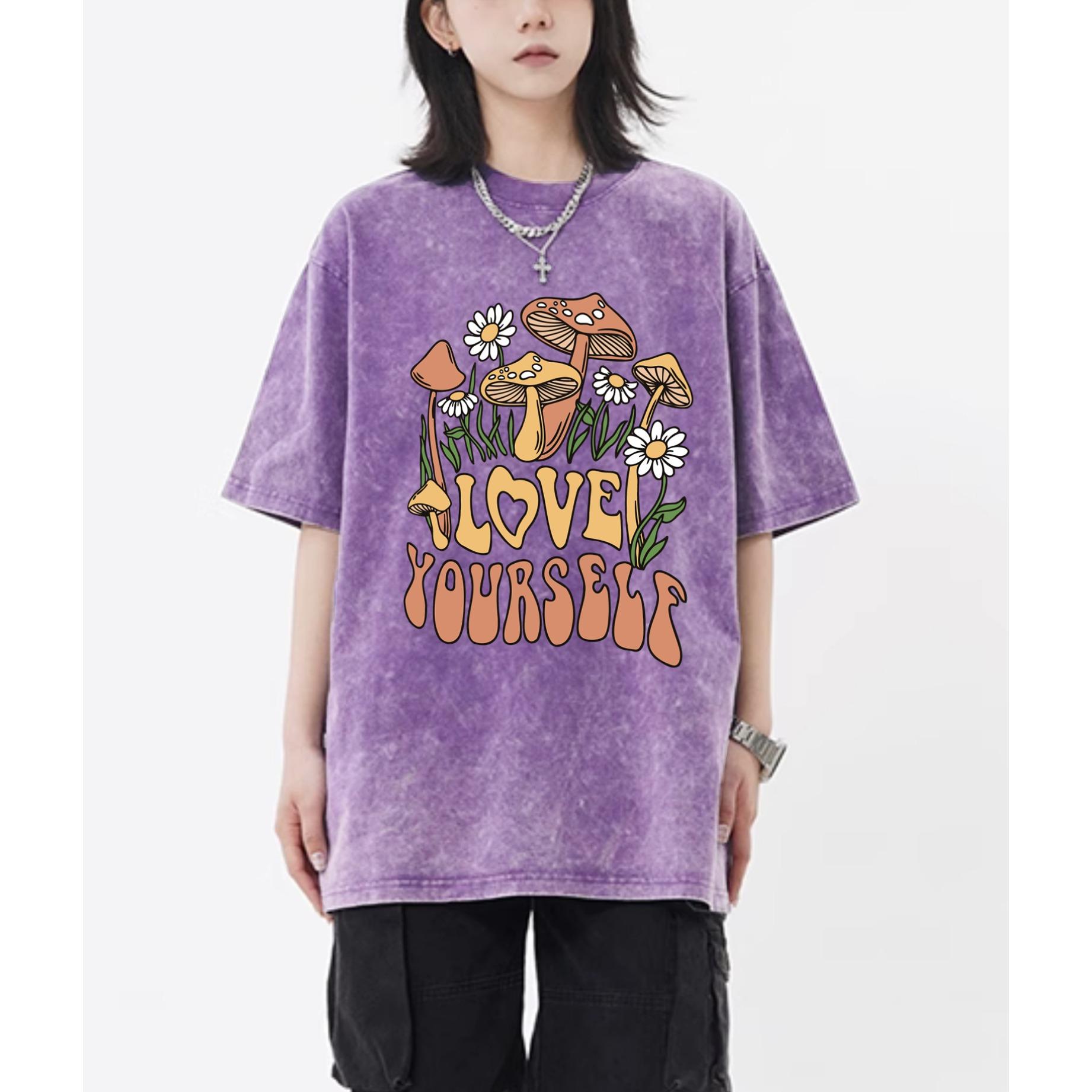 

Футболки Love Yourself Blooming Mushrooms And Flowers Washed, женские повседневные топы, модная хлопковая одежда, свободная футболка M