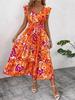 Bedrucktes Midi-Kleid mit Rüschen und V-Ausschnitt für Damen mit kurzen Ärmeln