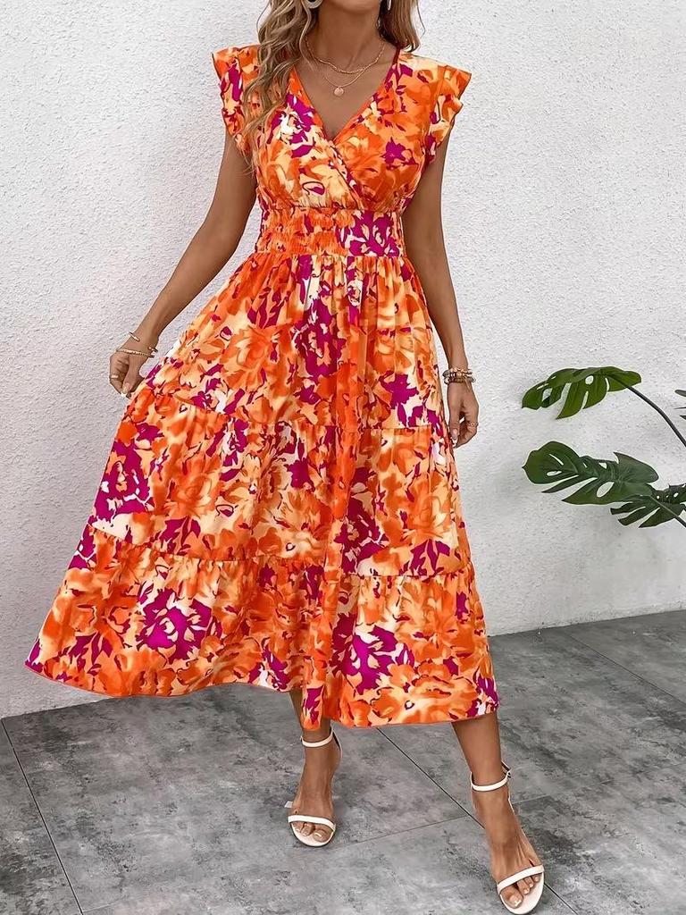 Bedrucktes Midi-Kleid mit Rüschen und V-Ausschnitt für Damen mit kurzen Ärmeln