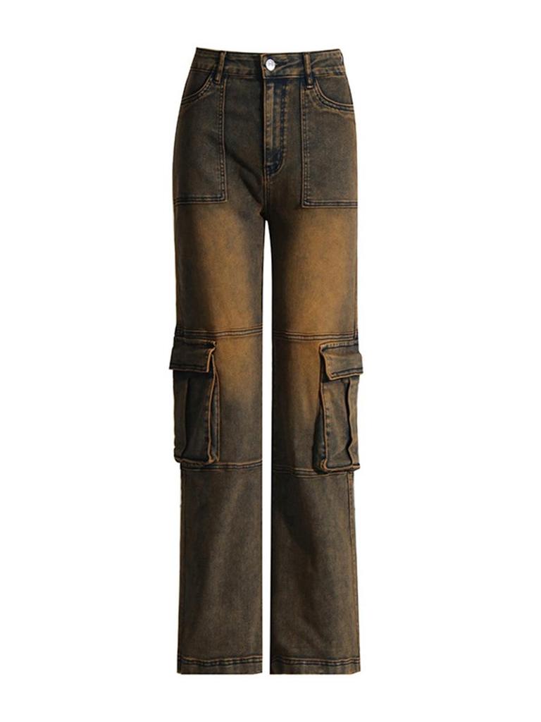 Women's American Retro Distressed Denim Patchwork Cargo Jeans - Spring 2026 Arrival