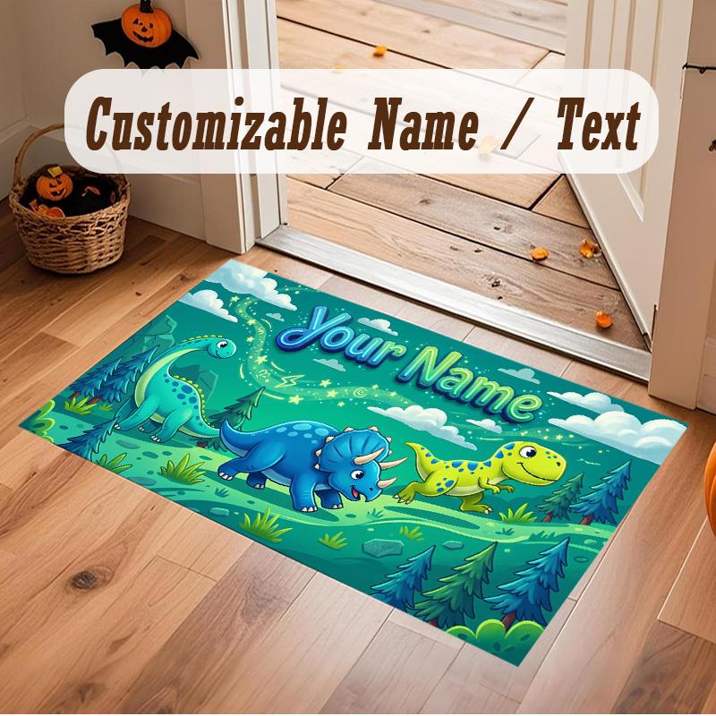 Dinosaur Theme Soft Crystal Velvet Rug Custom Name & Text Print Non Slip Floor Rug for Bedroom Living Room