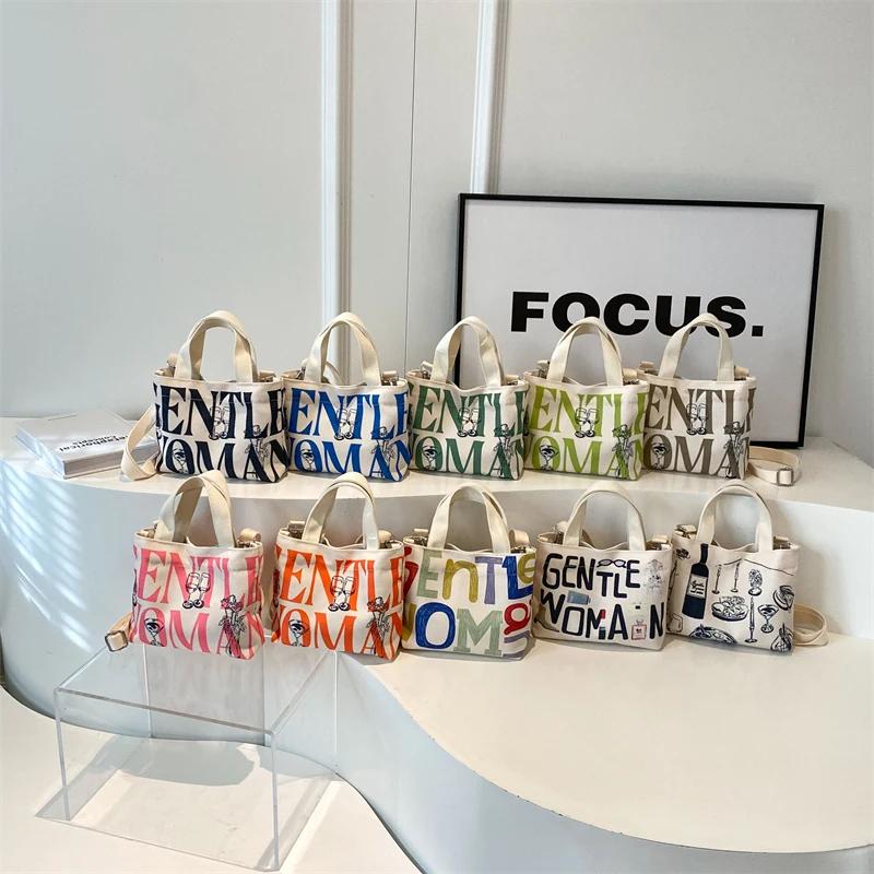 Monochrome bedruckte Umhängetasche aus Canvas mit Gewinde für Damen, lässige, schlichte Tragetasche, Umhängetasche