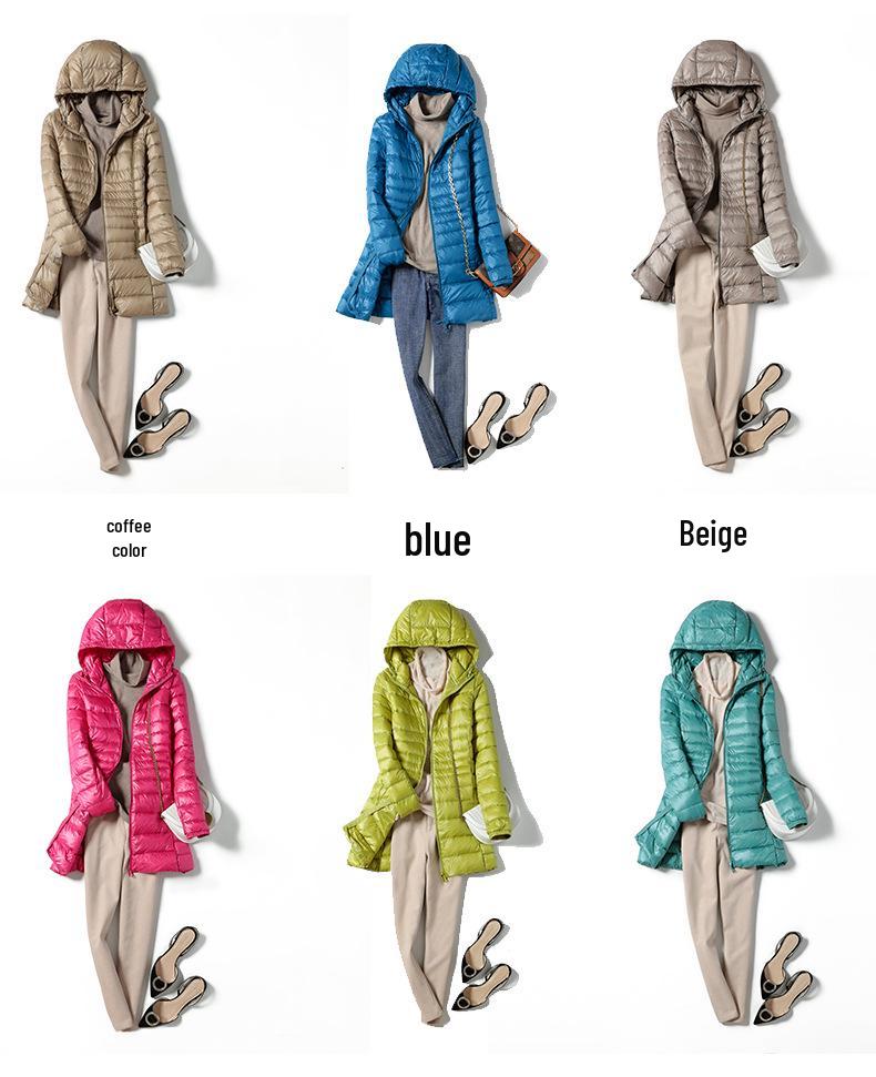 2023 Winter Women's Mid-Length Lightweight Hooded Down Jacket, Plus Size, Thin Style, Extra Large 