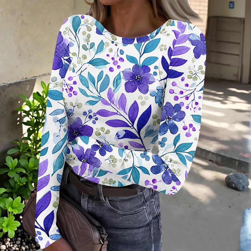 Women Casual Crew Neck Long Sleeve Ribbed Top with All Over Floral Print Lightweight Pullover Blouse for Daily Wear