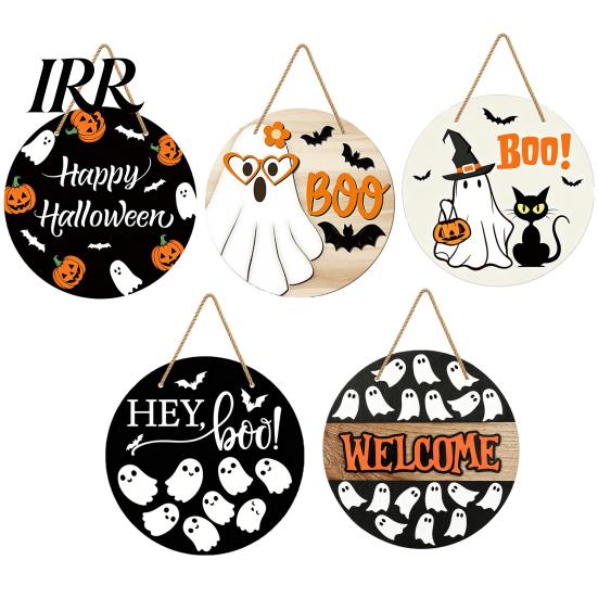 Haunted House Door Sign Halloween Hanging Sign, Wooden Front Hanger Wreath, Cute Eye-catching Ghost Welcome for Porch Wall Indoor Home Decoration