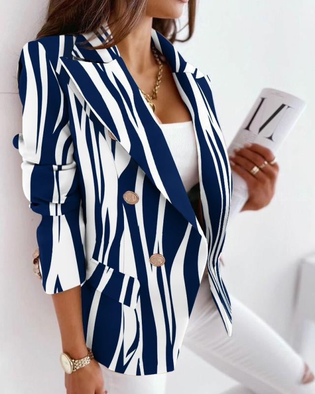 European & American Women's 2024 Autumn/Winter Slim Woolen Coat - Long Sleeve Double-Breasted Casual Printed Small Suit