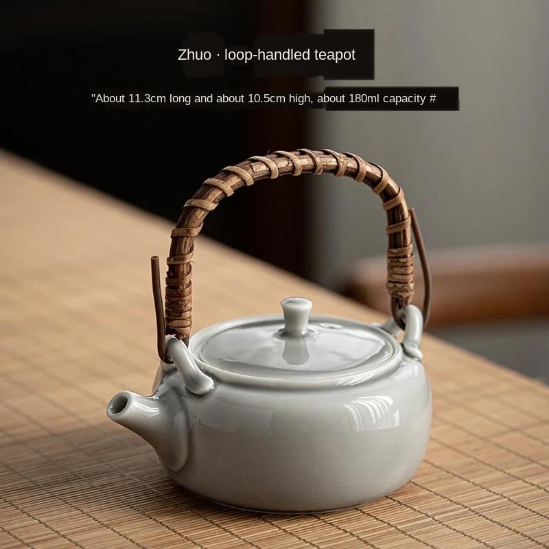 

Ice Gray Glaze Loop-Handled Teapot Japanese Style Handmade Ceramic Kung Fu Teapot Small Single Pot Rattan Gantry Crane Teapot