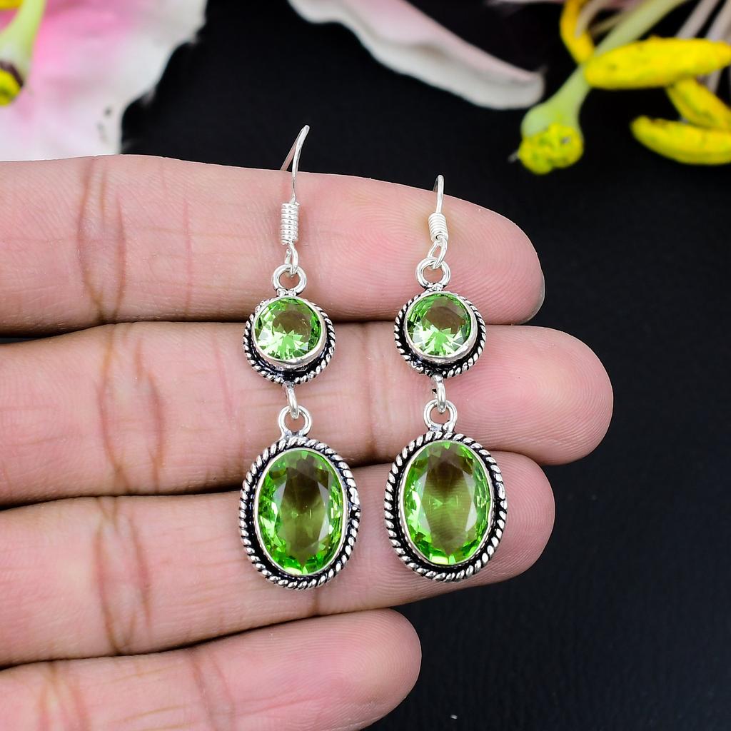 Tsavorite Gemstone Handmade 925 Sterling Silver Jewelry Earring 2.56" KG-430