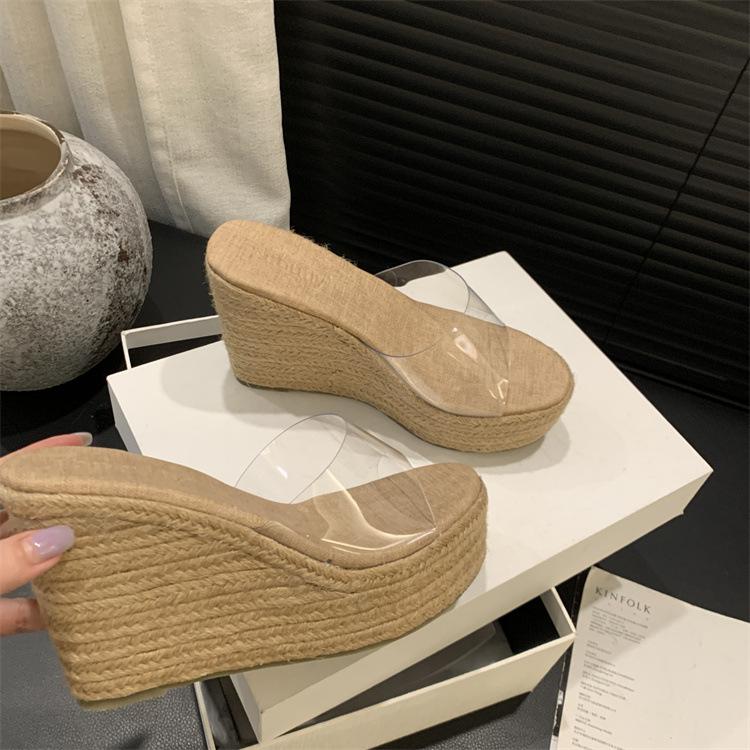 

Крутые тапочки на танкетке, женская уличная обувь, губка, пеньковая веревка, толстая подошва, прозрачные сандалии, водонепроницаемые, на высоком каблуке-столбике 39