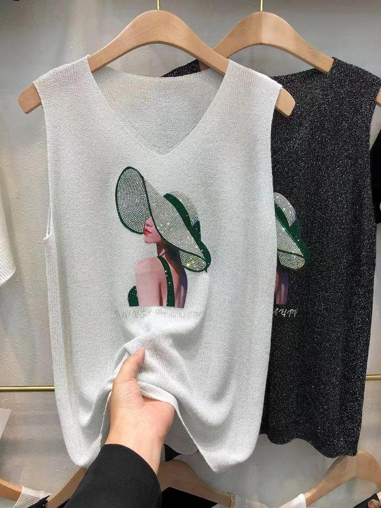 2023 Shiny Silk Sleeveless V-Neck Women's Vest - Spring/Summer New Style, Loose Fit with Hot Diamond Sling Knitted Design