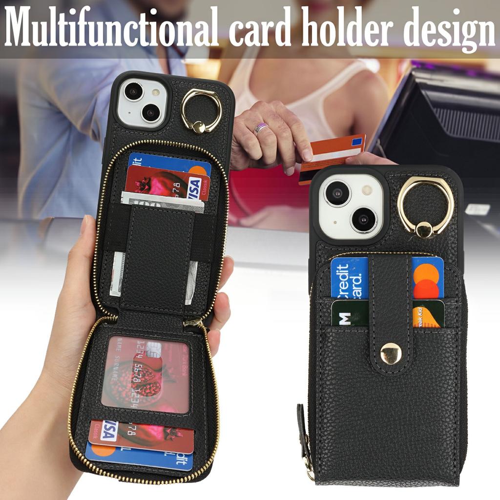 For iPhone 14/13 Case with Zipper Pouch/Ring Kickstand/Strap Litchi Texture PU+TPU Phone Cover