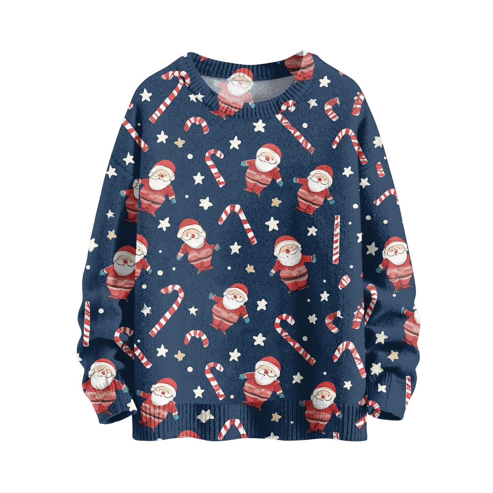 

Женский модный повседневный трикотажный топ с длинным рукавом, рождественским принтом и круглым вырезом S синий