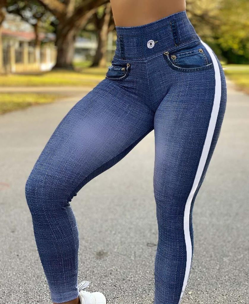 2024 Autumn Winter Women's High Waist High Elastic Imitation Denim Leggings Solid Color Fitness Sports Yoga Pants