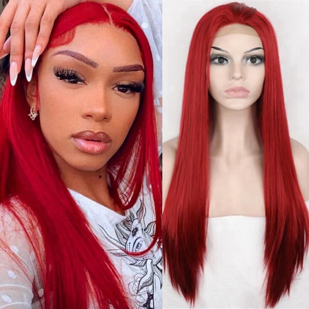 Europäischer und Amerikanischer Stil Damen Lang Gerade Gefärbt Synthetik Mittelscheitel Voll Perücke