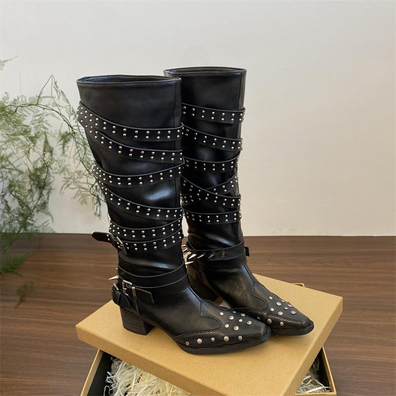 Fashion Designer Women's Boots Autumn Cosy Pointed Toe Woman Shoes Fashion Sexy Knee-High Boots for Women Rivet Belt Buckle Thick Heel