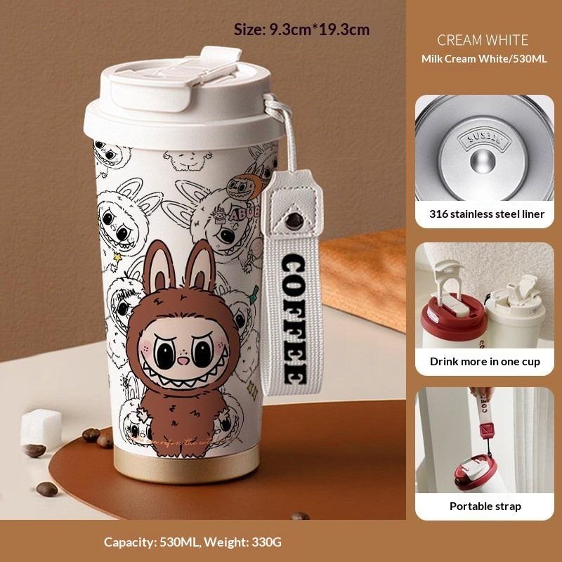 Cartoon Pattern Coffee Cup 316 Stainless Steel Thermos Cup Portable Double Drinking Straw Water Cup