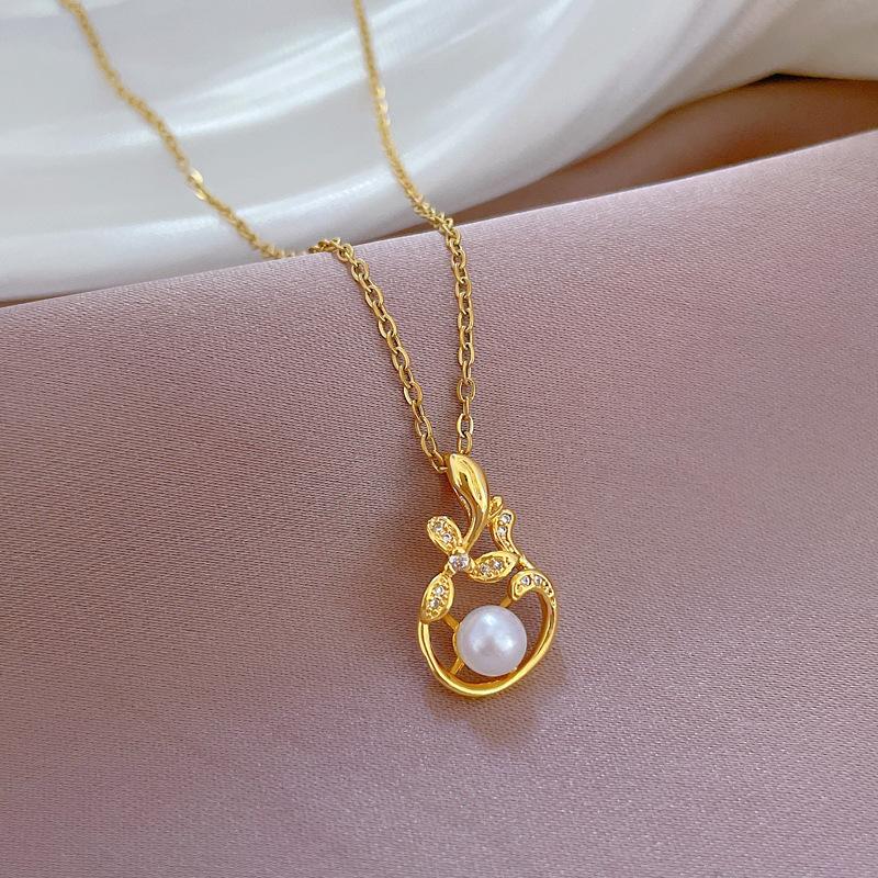 Pearl Leaf Plant Luxury Temperament Full Zirconium Necklace Women'S Fashion Trend Collarbone Chain Factory