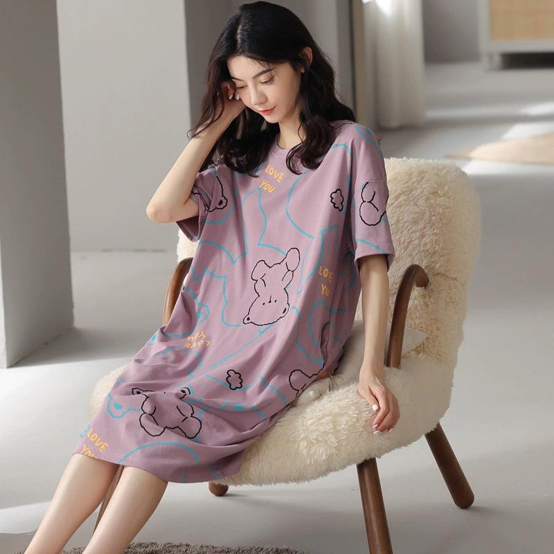 Girls' Summer, Spring and Autumn Short-sleeved Home Wear with Cute Cartoon Designs and Loose Style Pajamas and Nightgowns