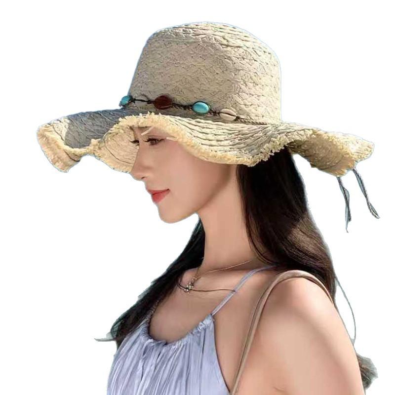 Wide-brimmed beaded sunshade straw hat for women, summer seaside vacation beach hat, fashionable face-shading French-style sun hat