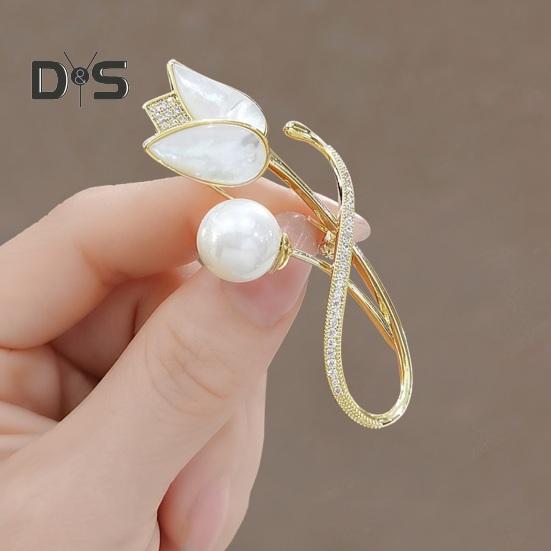 Women Brooch Faux Pearl Rhinestone Tulip Shape Stainless Anti-slip Wear-resistant Coat Collar Hat Scarf Decoration Clothes Pin Garment Jewelry