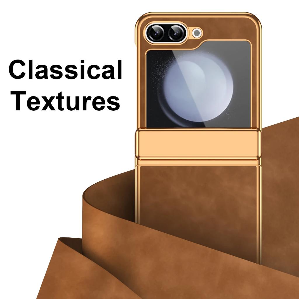 For Samsung Galaxy Z Flip 6 5 4 3 5G Case Luxury Leather Electroplated All-inclusive Folding Hinge Shockproof Protect Hard Cover