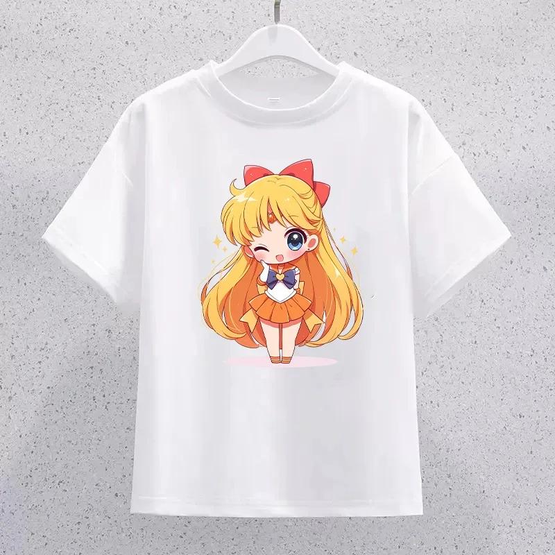 Sailor Moon Children Cotton Tshirt Cartoon Print Short Sleeve Tees Kawaii Pullover Girls Summer Casual Tops Kids Birthday Gifts