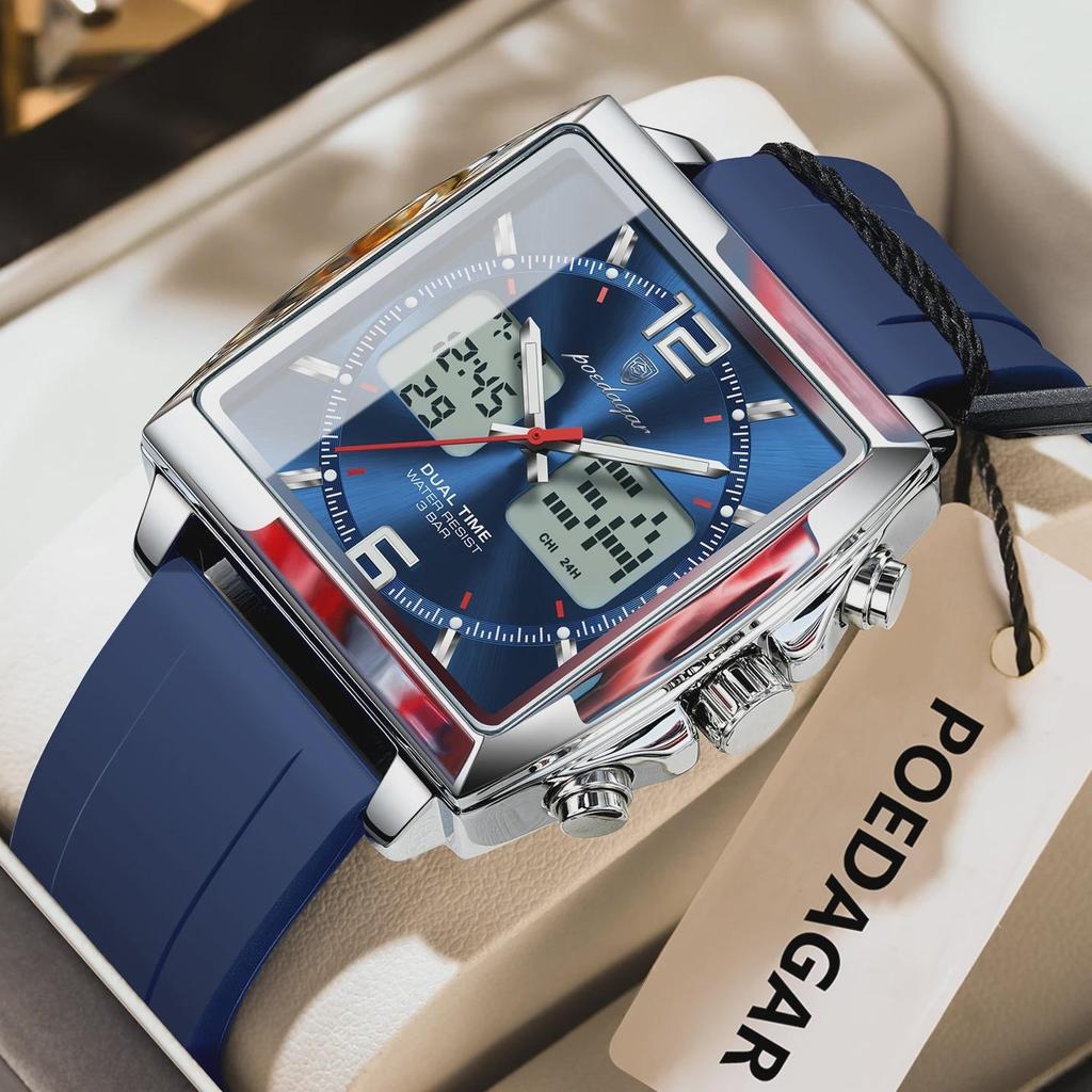 POEDAGAR Luxury Man Watch Electronic Square LED Alarm Chronograph Men's Watches Week Date Dual Time Display Men Quartz Clock