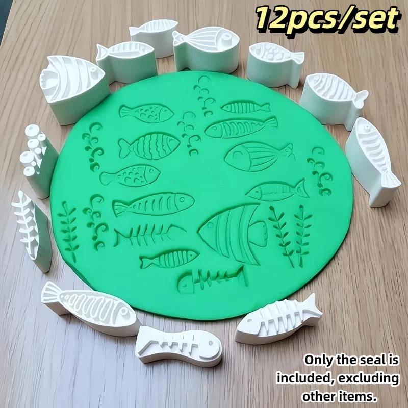 

12pcs Multi-Shape Fish Marine Algae Clay Stamps Pottery Seals DIY Plastic Clay For Making, Pottery, Scrapbooking, Card Making