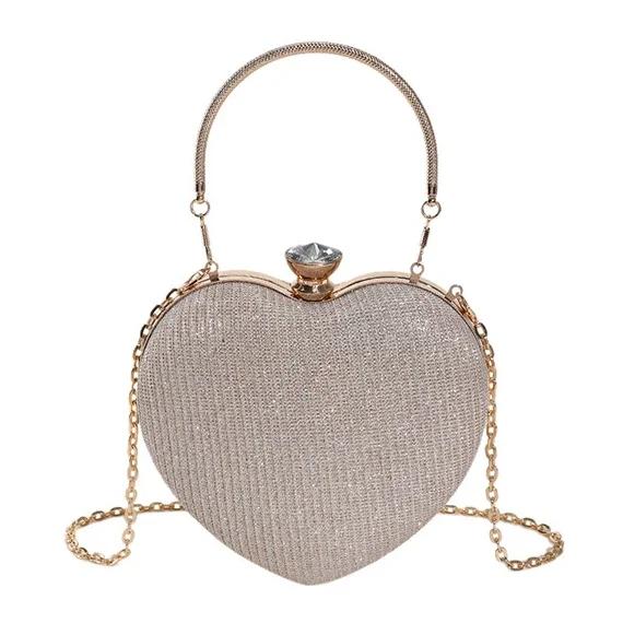 Borsa da sera con pochette, borsa da donna, borsa a mano lucida, a forma di cuore, in metallo, borsa a tracolla con catena alla moda, borsa di lusso da donna.