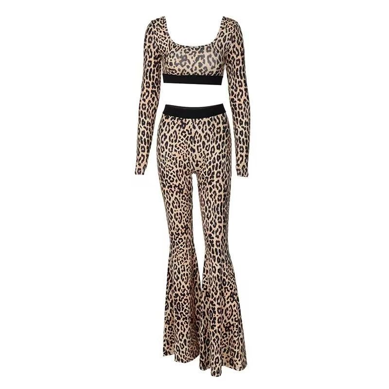 

Fashion Wind Leopard Print Print Top and Trousers Suit Leopard Print Top Flared Pants Set Leopard print S