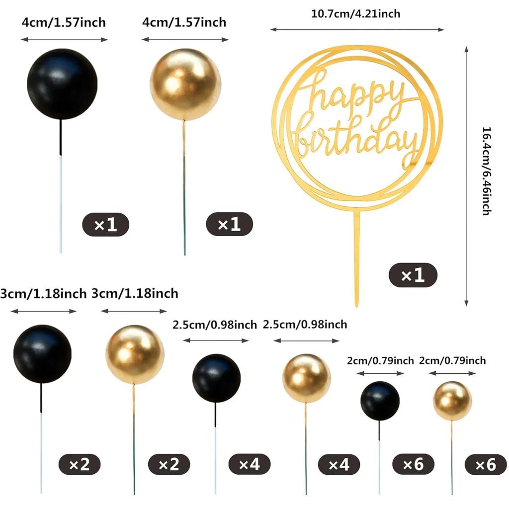 Black Gold Cake Topper Pearl Balls Cake Topper Happy Birthday Cake Insert Pick DIY Pile Up for Wedding Birthday Party