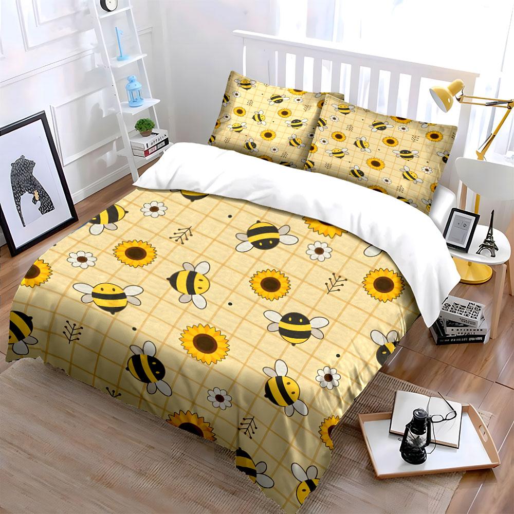 Bee and Sunflower Pattern Bedding Duvet Cover Set (1*Duvet Cover 2*Pillowcases, without duvet insert)