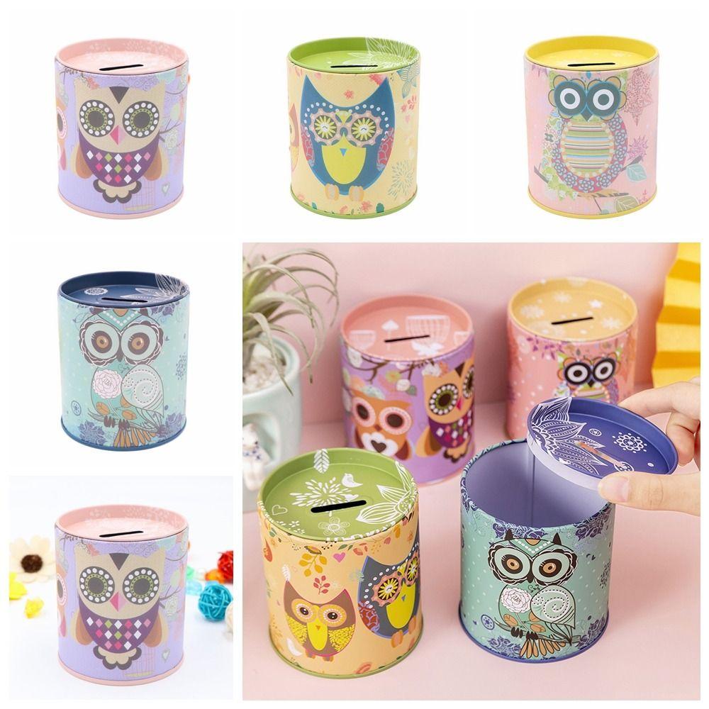 Iron Owl Piggy Bank Mini Metal Storage Box Easy Use Round Saving Banks  Birthday Gift