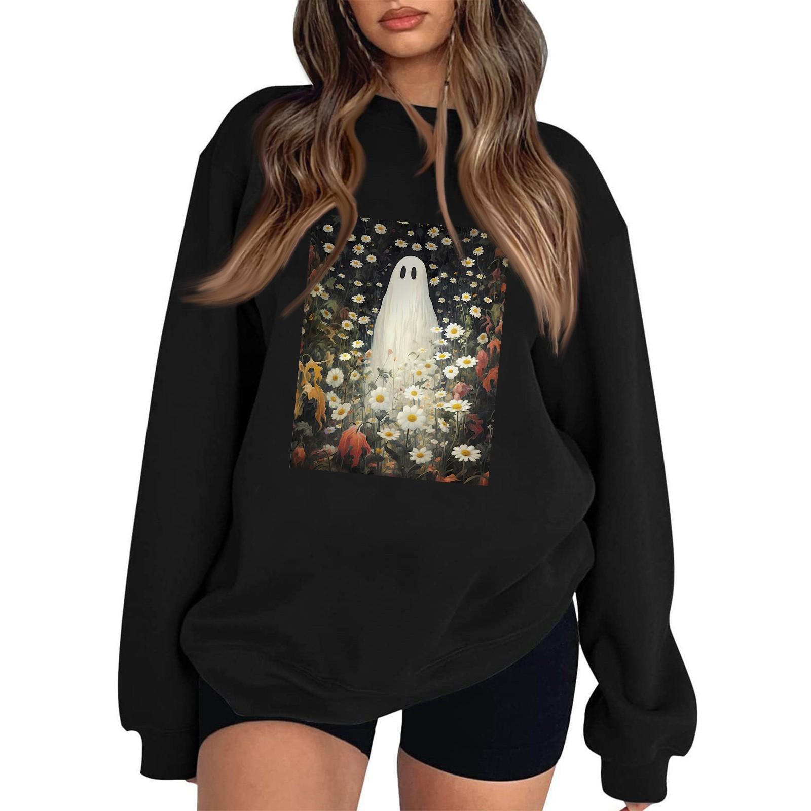 

Женские повседневные модные толстовки с длинным рукавом и круглым вырезом с принтом Хэллоуина, пуловер, топ XL белый