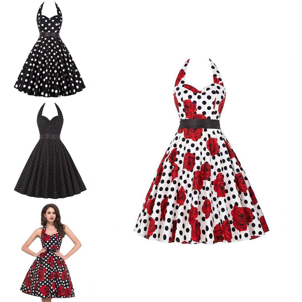 Elegante Vestito da Festa a Pois Vintage Anni '50 stile Halter di Audrey Hepburn
