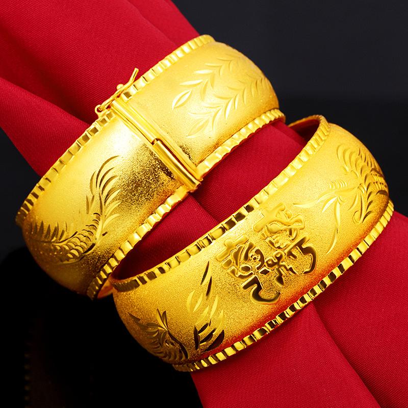 

24K Yellow Gold Bracelets Bangles for Women Glossy Dragon Phoenix Wide Gold Bracelet Bride Wedding Fine Jewelry Gift 2021 Trend